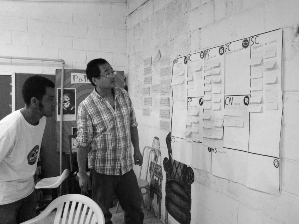 The Palhaços looking at their completed canvas and figuring out next steps for their renewed business model.